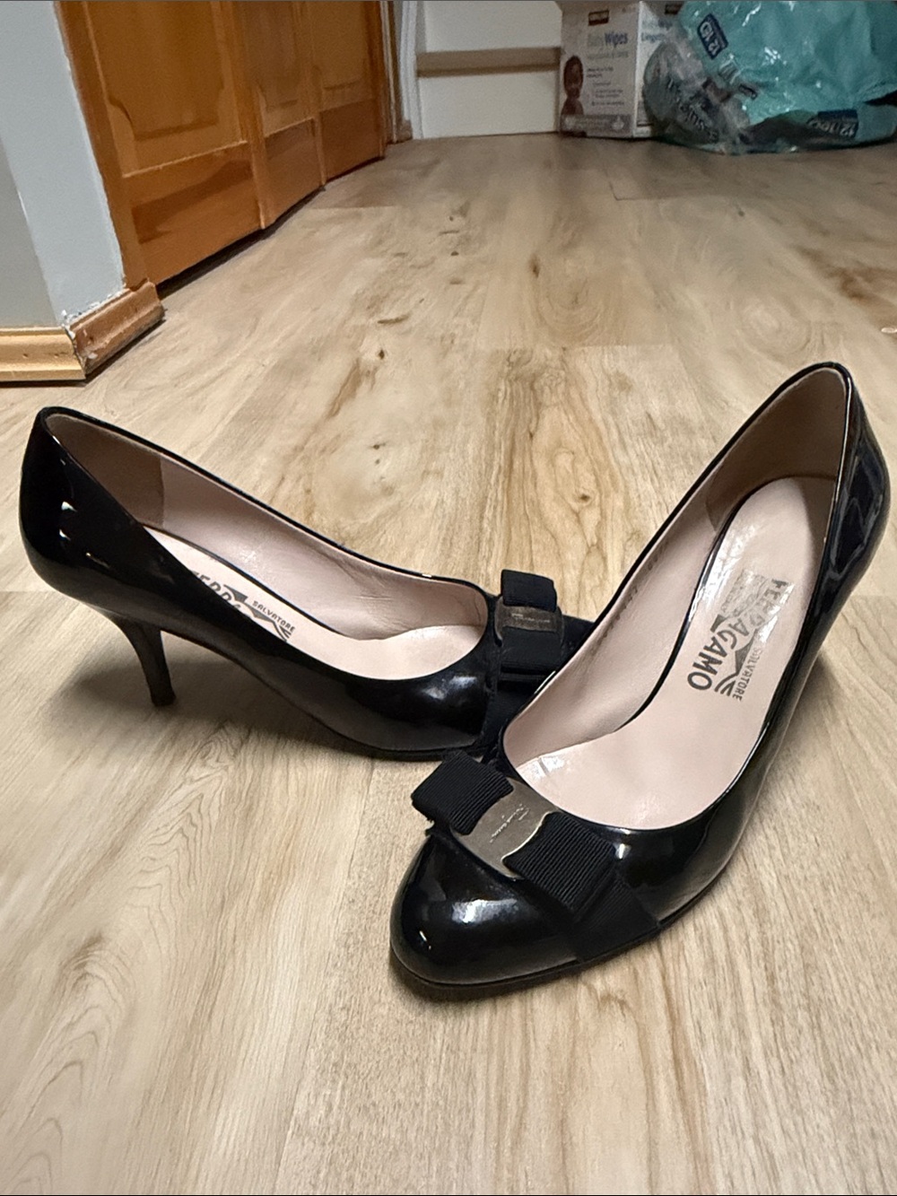 Salvatore Ferragamo Black Patent Vara Bow Pumps